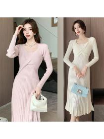 Korea style Autumn fashion V collar High waist Knitting dress 