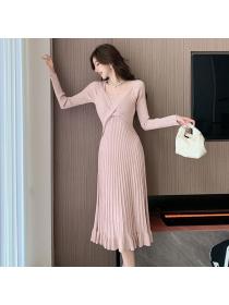 Korea style Autumn fashion V collar High waist Knitting dress 