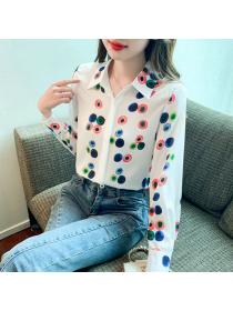 Korea style Polo collar Printed Long sleeve blouse 