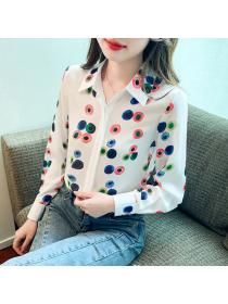 Korea style Polo collar Printed Long sleeve blouse 
