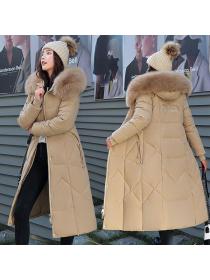 Korea style Winter Big fur collar Warm Loose Cotton Long coat 