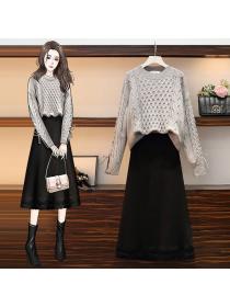 Korea style Winter Knitting Sweater and Black long skirt 