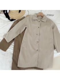 Korean style Fashion Polo collar Single breasted mid-length trench coat