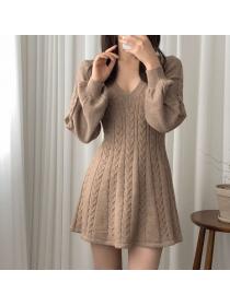 Korea style V neck Retro fashion Knitting dress 