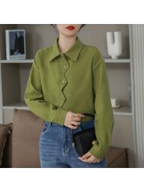 Korea style Retro Matching corduroy Long sleeve blouse 
