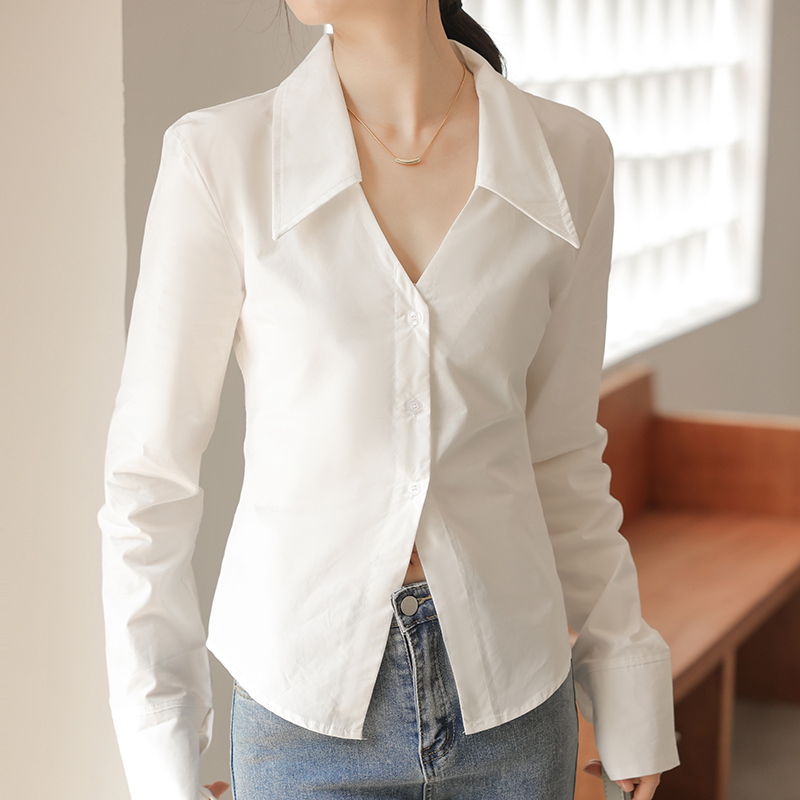Korea style Chic V neck White shirt