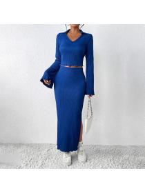 European style Elegant V neck Long sleeve top +Split Long dress 