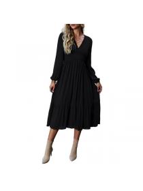 European style Casual V collar Solid color Long sleeve dress 