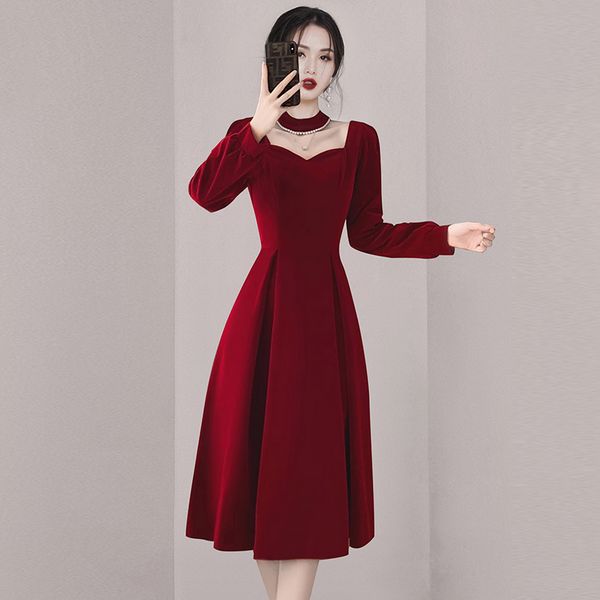Korea style Retro fashion Red Elegant dress