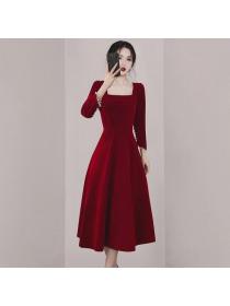 Korea style Elegant Velvet Red Dress 