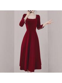 Korea style Elegant Velvet Red Dress 