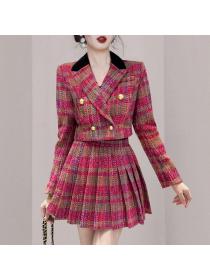  Winter coat Retro style Suit collar Woolen coat 2pcs set for women