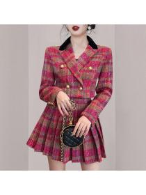  Winter coat Retro style Suit collar Woolen coat 2pcs set for women