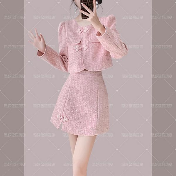 Winter Fashion Pink Woolen coat 2pcs set for women