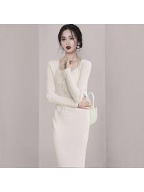 Korea style V neck Slim Long sleeve Knitting dress 