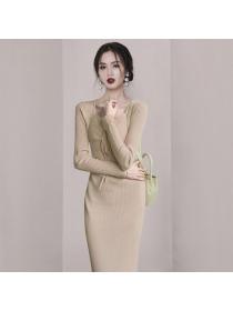 Korea style V neck Slim Long sleeve Knitting dress 