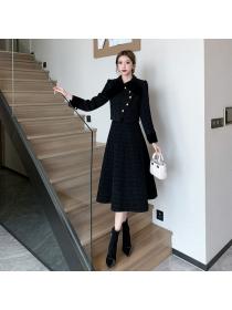 Elegant Black Winter Fashion Cotton Coat Long skirt 2 pcs set