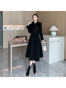 Elegant Black Winter Fashion Cotton Coat Long skirt 2 pcs set