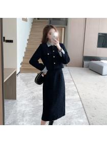 Elegant Black Winter Fashion Stripe Fake two Coat+High Waist Skirt 