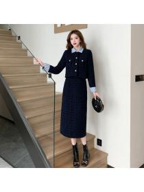 Elegant Black Winter Fashion Stripe Fake two Coat+High Waist Skirt 