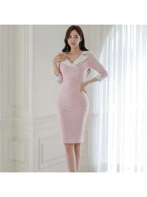 Korea style Fashion V collar Plaid dress 
