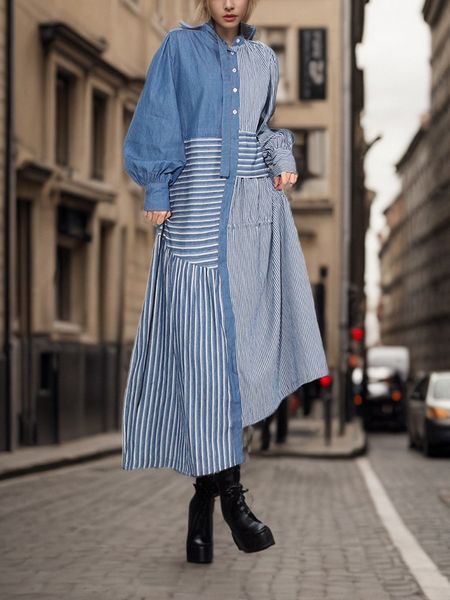 Vintage style Stripe Long sleeve Denim dress