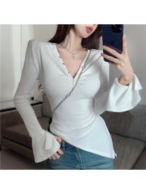 Korea style V collar Slim Long sleeve T-shirt 