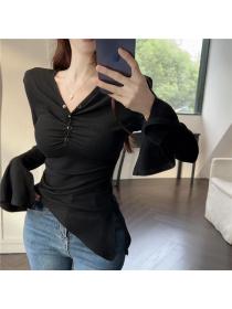Korea style V collar Slim Long sleeve T-shirt 