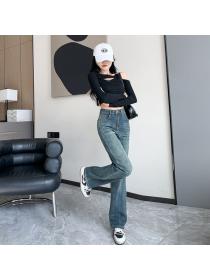 Korea style High waist Matching Straight Jeans
