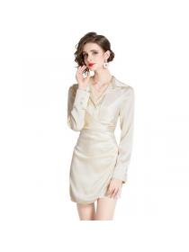 European style Solid color Shirt collar Dress 