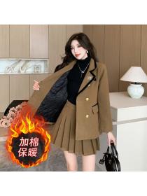 Winter warm suit collar woolen coat + high waist pleated skirt two-piece set