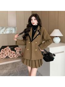 Winter warm suit collar woolen coat + high waist pleated skirt two-piece set