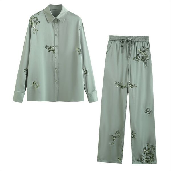 Autumn new European-style women's beaded embroidery loose shirt trousers two-piece set