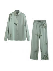 Autumn new European-style women's beaded embroidery loose shirt trousers two-piece set