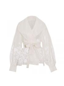 Vintage style Sexy Suit collar Puff sleeve Blouse 