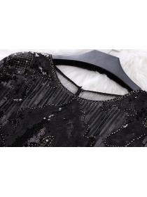 European style Slim Lace Matching Sequins Long sleeve Top