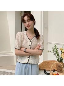 Korea style Matching V neck Short sleeve Blouse 