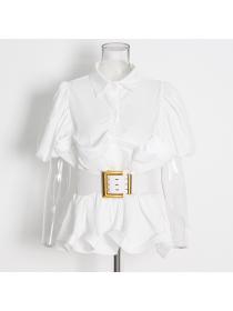 European style Casual Polo collar Short sleeve Blouse with waistband