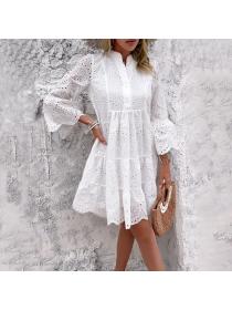 European style Summer Casual Solid color Long sleeve dress 