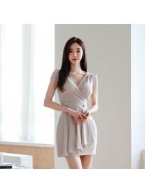 Korea style V neck Puff sleeve Fishtail Dress 