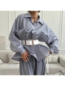 European style Casual Solid color Long sleeve blouse with waistband