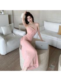 Vintage style Summer sexy Sleeveless Pink Strap dress 