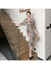Korea style V neck Mid waist Long dress 