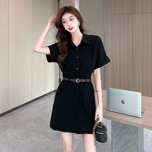 Vintage style Korea fashion Polo collar Short sleeve dress
