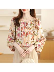 Vintage style Loose Round collar Floral Chiffon Shirt