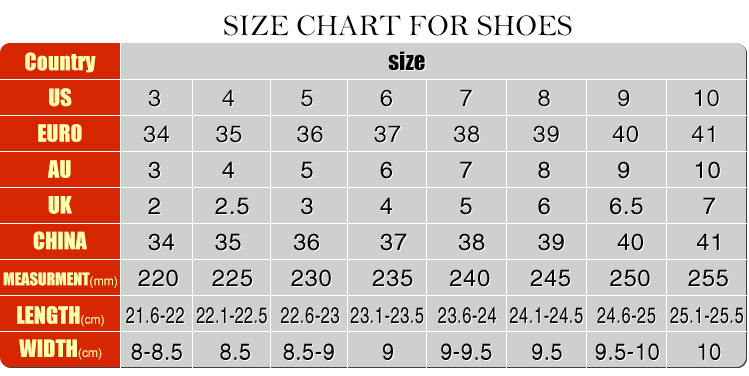 chinese foot size chart